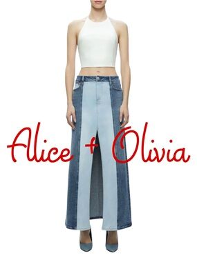 NWT ALICE + OLIVIA
  Rye Two-Tone Denim Maxi Skirt in Brooklyn Blue